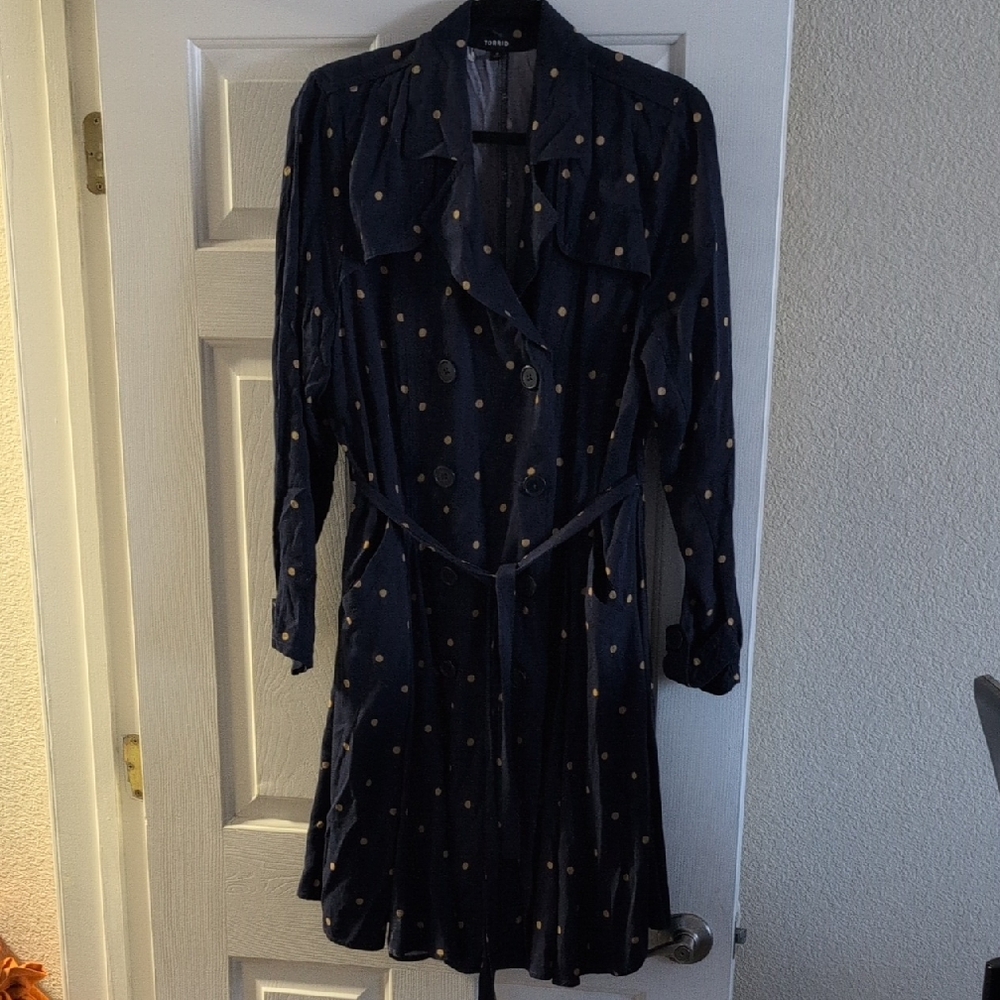 Torrid Navy Long-Sleeve Polka Dot Shirt Dress with Tie